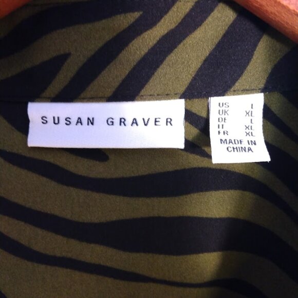 Susan Graver Green/Black Zebra Print Button Up Blouse Shirt Peachskin Stretch LG - Picture 7 of 9